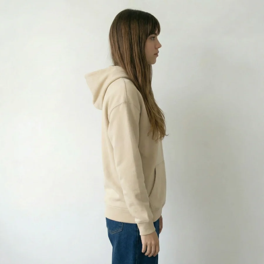 Mulher com cabelos castanhos usando hoodie oversize bege e jeans.