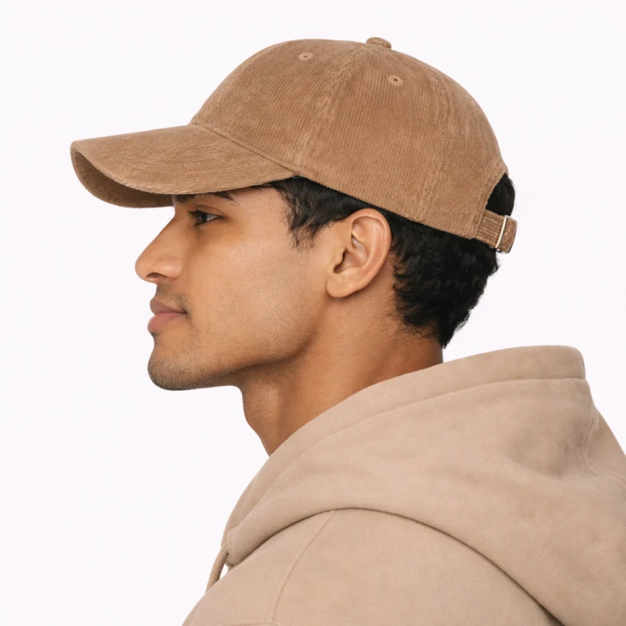 Homem a usar boné de pala em cor bege e hoodie. Perfil.