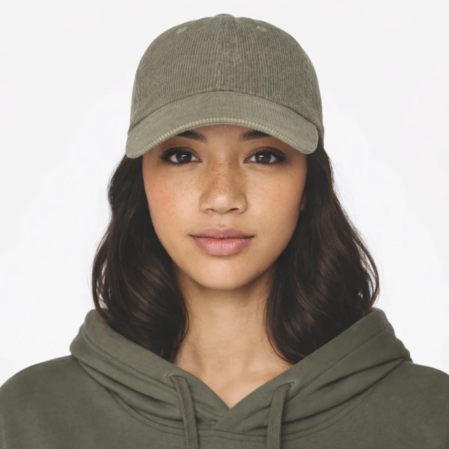 Mulher a usar chapéu de bombazine e hoodie olive verdes.
