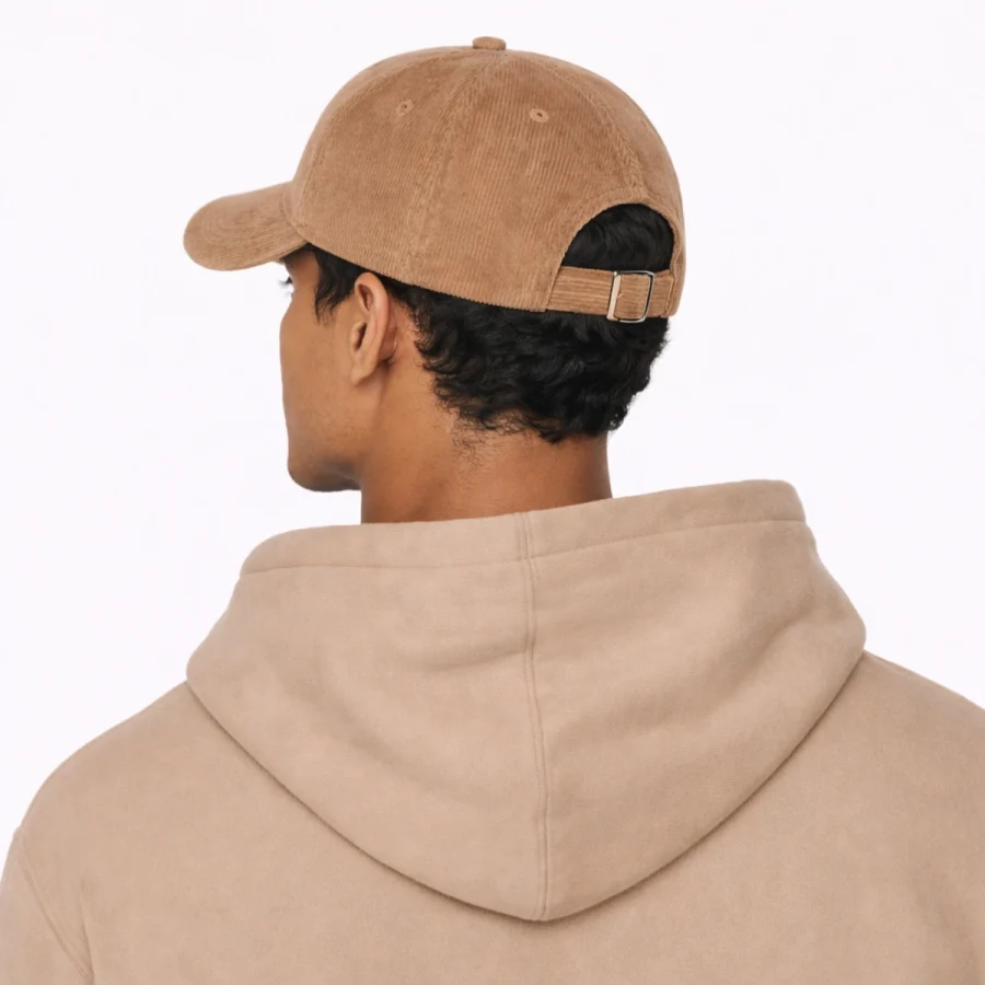 Homem de costas, usando uma hoodie bege e uma baseball cap bege.