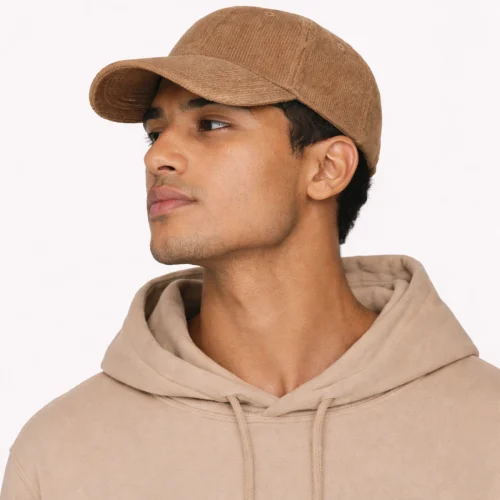 Man wearing brown Bombazine 6 Panel ECO cap.
