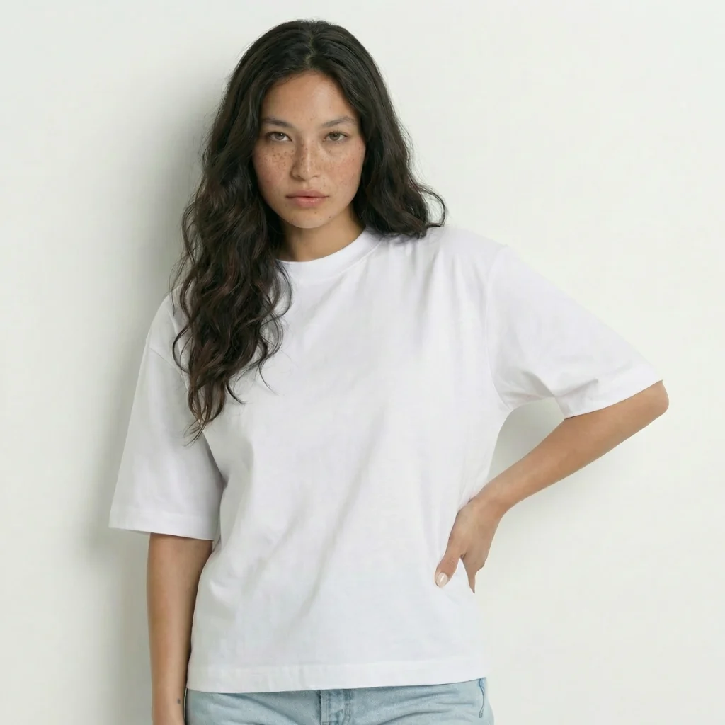 Mulher com cabelo castanho e t-shirt branca Over Boxy.