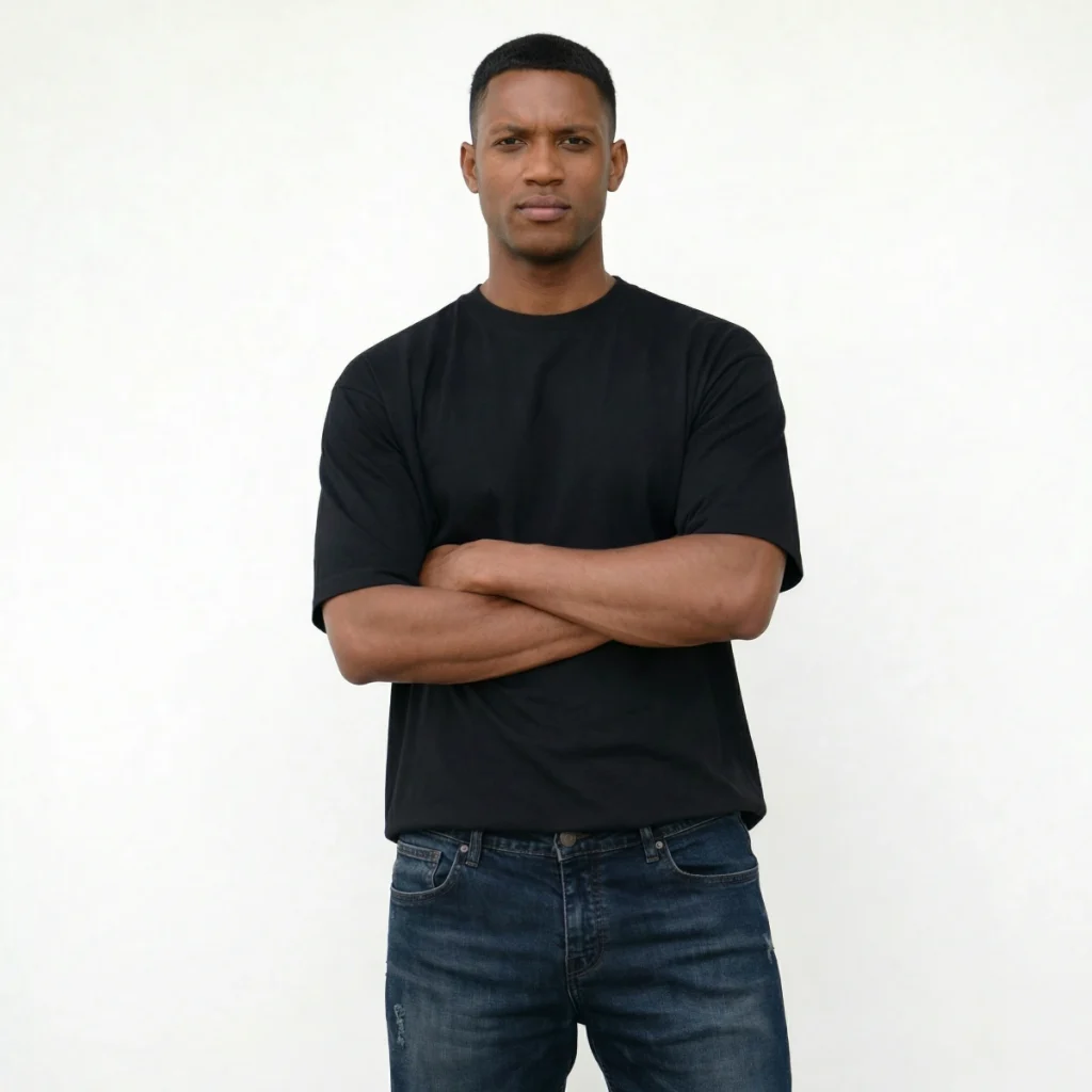 Homem com T-shirt Over Boxy preto e jeans azuis, braços cruzados.