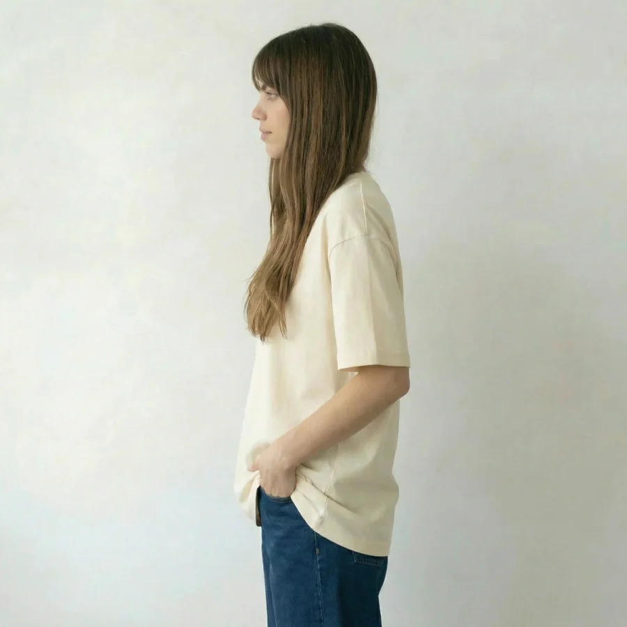 Mulher com T-Shirt Over Relaxed Fit bege e calças de ganga.