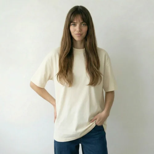 Woman wearing beige Over Relaxed Fit t-shirt and jeans.