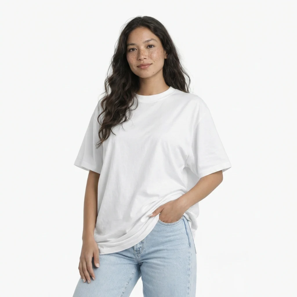 Mulher com T-Shirt Urban Oversize branca e jeans claros.