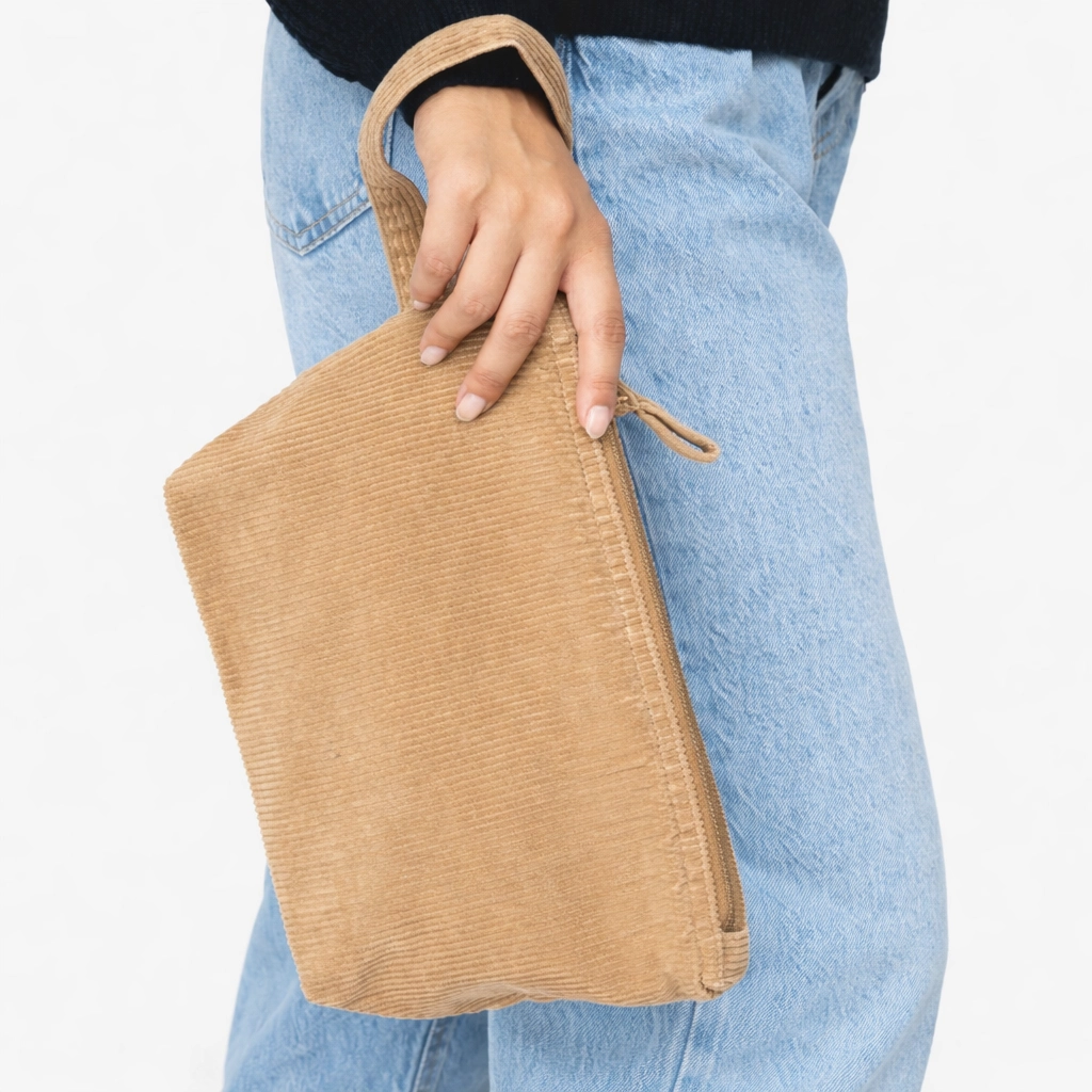 Necessaire bombazine em cor bege, com alça e zip, a ser segurada por uma mão.