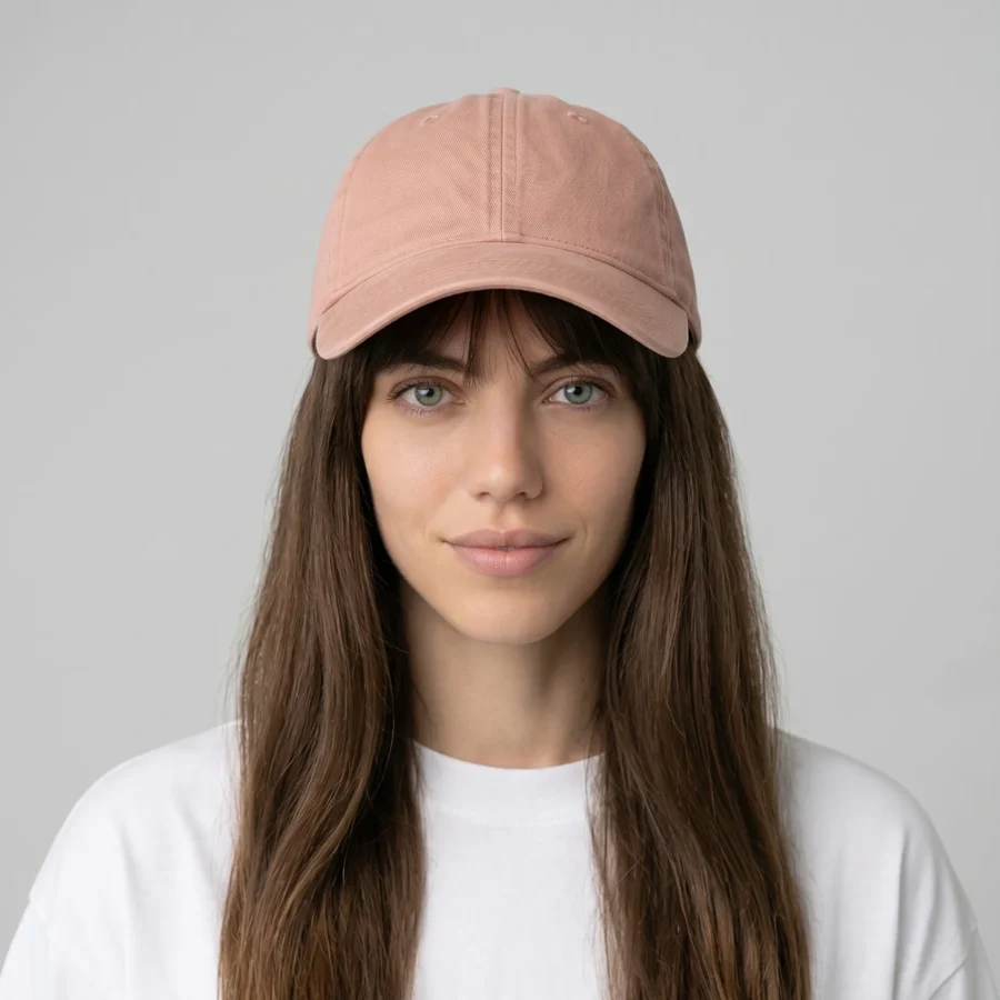 Mulher com boné acid wash rosa e t-shirt branca num fundo cinzento.