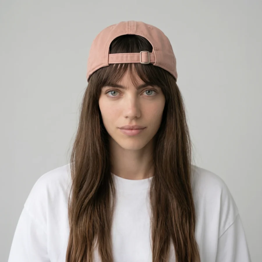 Boné rosa seis painéis, modelo acid wash, em mulher com cabelo castanho e t-shirt branca.