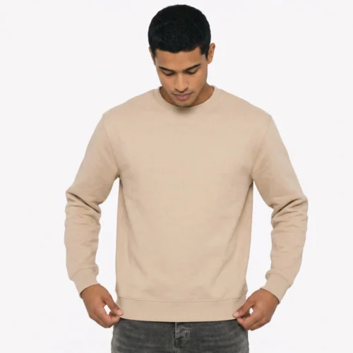 Man wearing a beige long-sleeve crew neck sweatshirt.