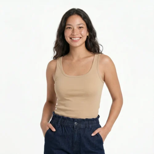 Woman wearing a modern fitted beige top, with her hands in the pockets of her dark denim jeans.