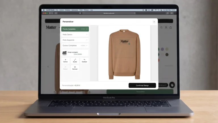Laptop com um ecrã de personalização de sweatshirt com estampagem.