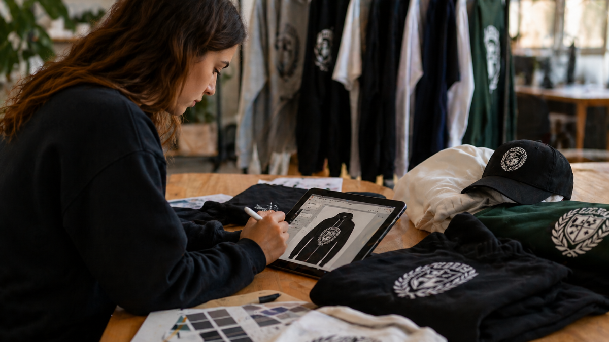 Mulher a desenhar estampa para roupa personalizada para universidades.