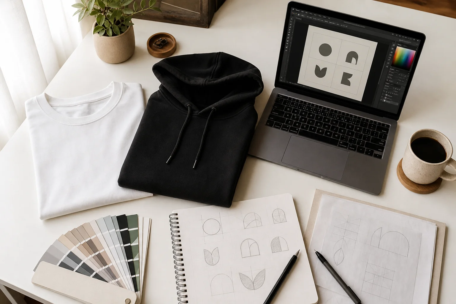 Roupas para personalizar, um portátil com software de design gráfico, uma paleta de cores e esboços de estampagens sobre uma mesa.