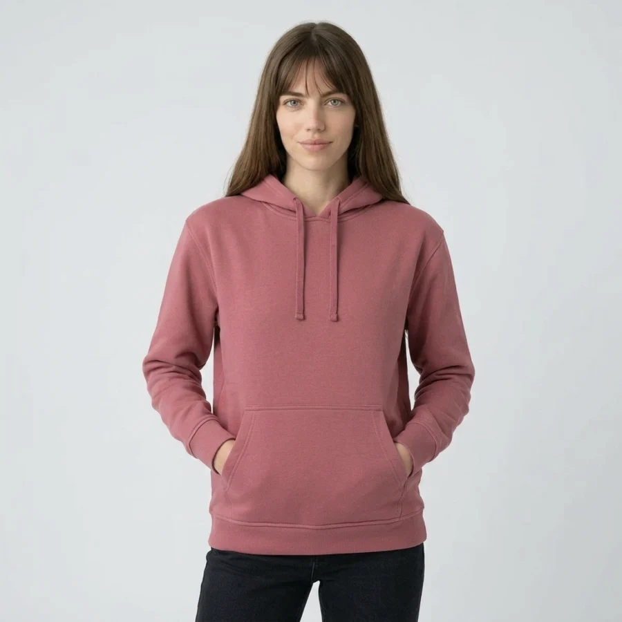 Mulher com cabelo castanho a usar hoodie unisexo rosa com cordões e bolsos.