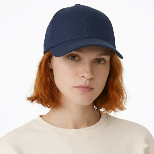 Woman with red hair wearing a dark blue brimmed cap and beige sweater.