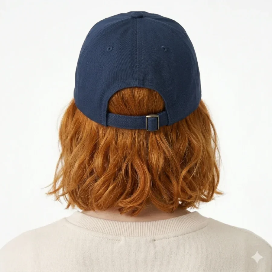 Boné Sarja Clássico, vista de trás, com cabelo ruivo e fundo branco.