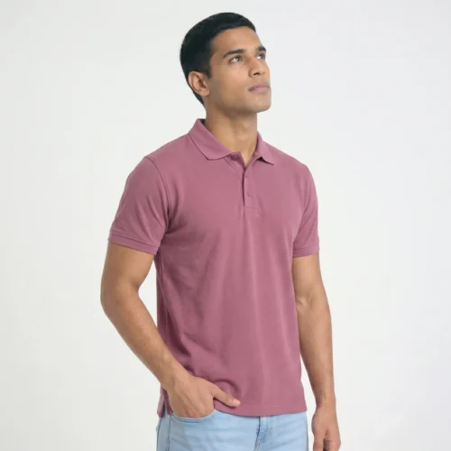 Man wearing a short-sleeve pink polo. Clothing to customize.