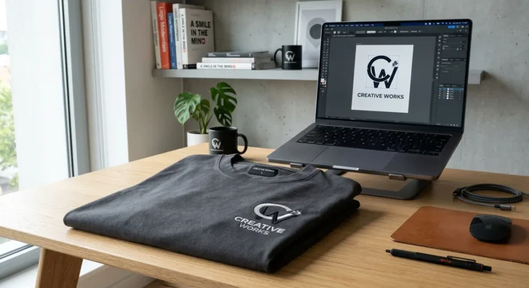 T-shirt personalizada sobre uma mesa de madeira com um portátil ao lado, a preparar um ficheiro para estampagem.