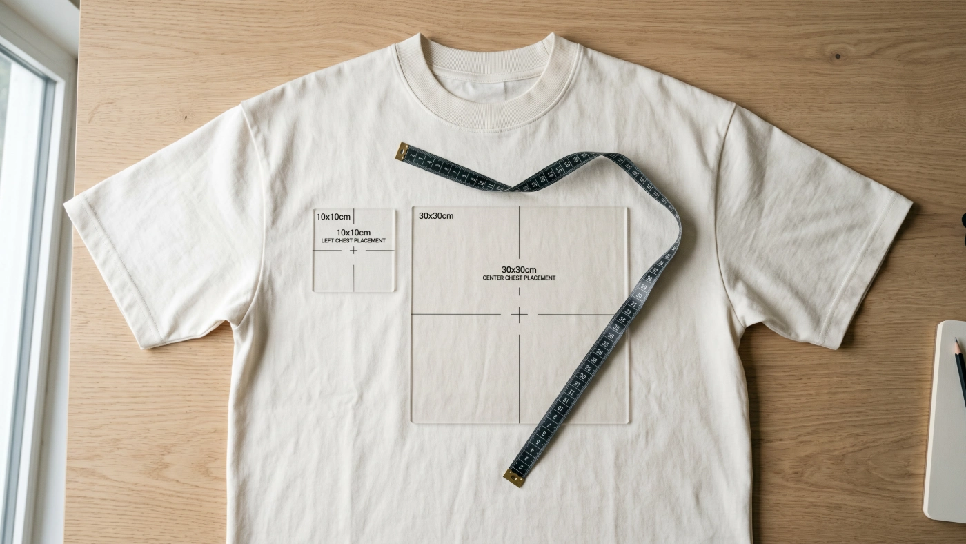 Placement areas on a t-shirt: 10x10 cm on the left chest and 30x30 cm centred.