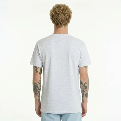 Light gray basic regular t-shirt, back view. Man with tattoos on his arms.