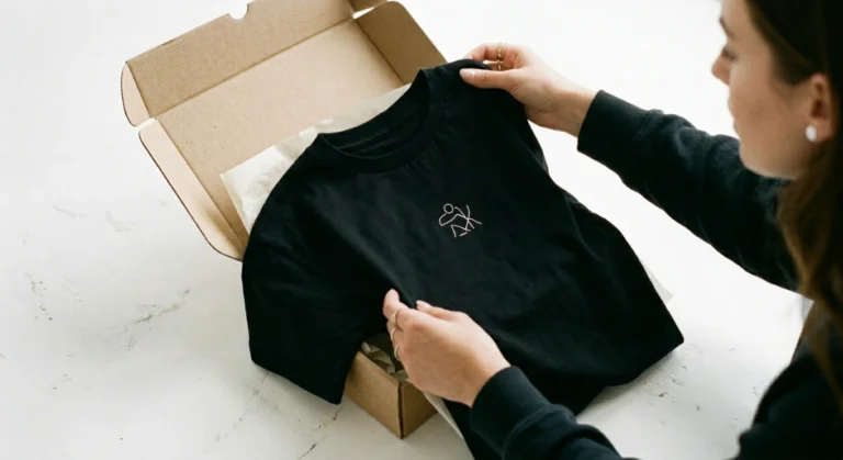 Mulher a segurar t-shirt preta personalizada com bordado, saindo de caixa de cartão.