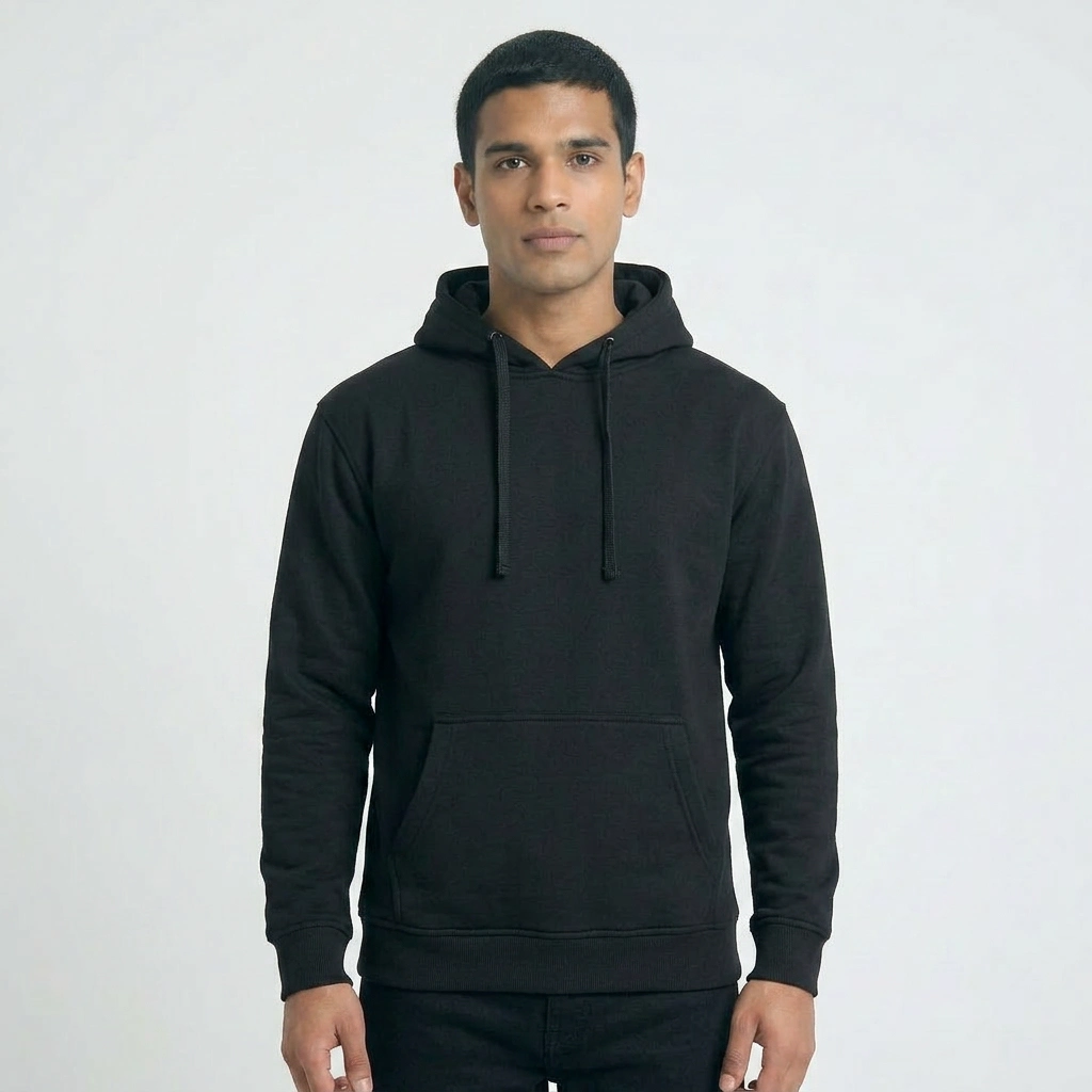 Homem a usar hoodie regular unisexo preto com capuz e cordões.