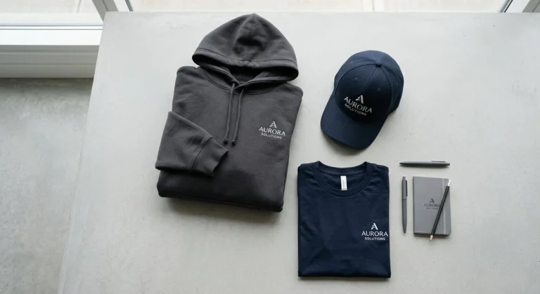 Roupas e acessórios personalizados com logótipo, incluindo um casaco com capuz, t-shirt, chapéu, caderno e canetas.