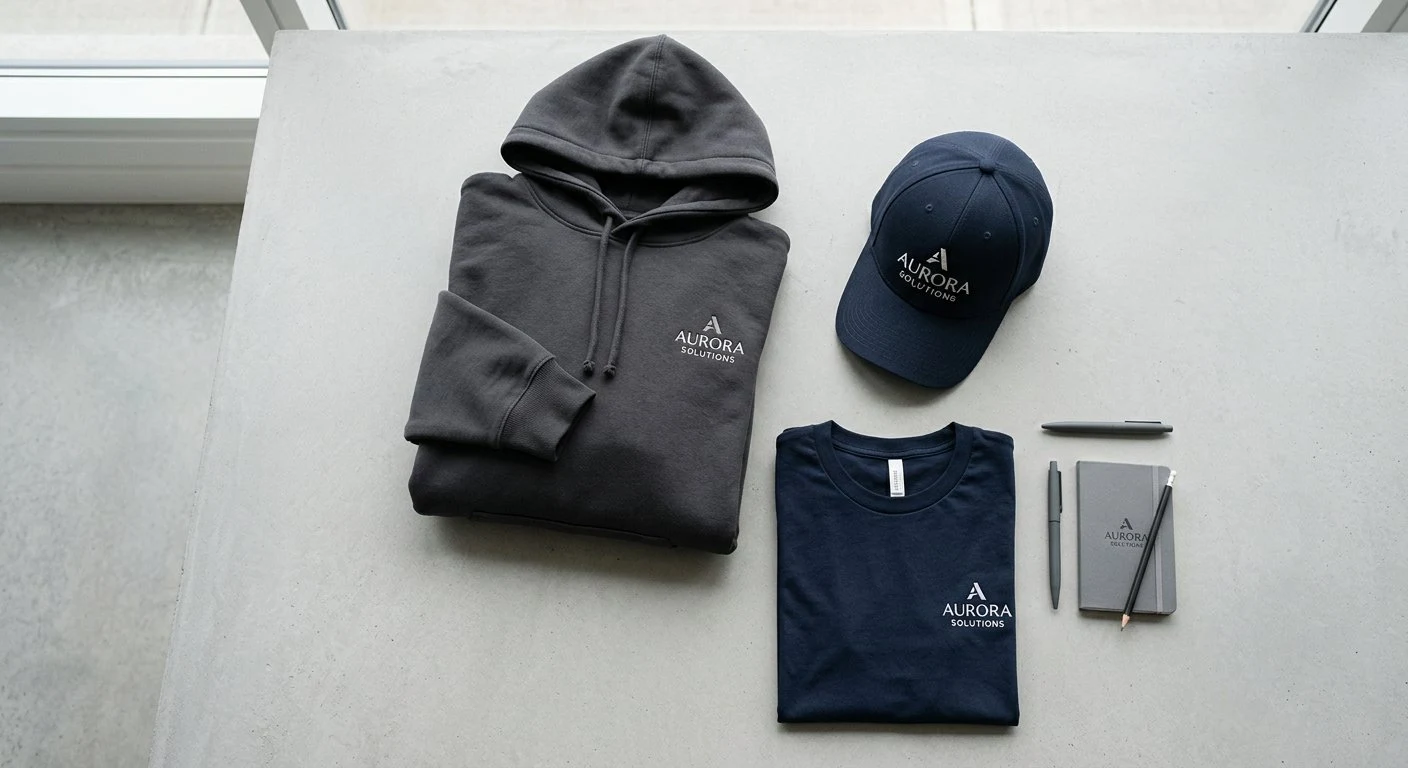 Roupas e acessórios personalizados com logótipo, incluindo um casaco com capuz, t-shirt, chapéu, caderno e canetas.