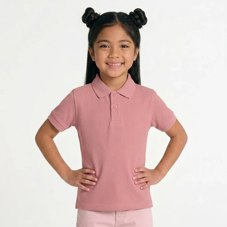 Menina sorridente com pólo rosa curto.