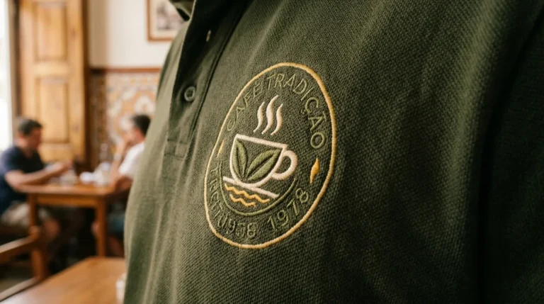 Polo verde de farda com logótipo bordado num café, exemplo de fardas personalizadas para restauração