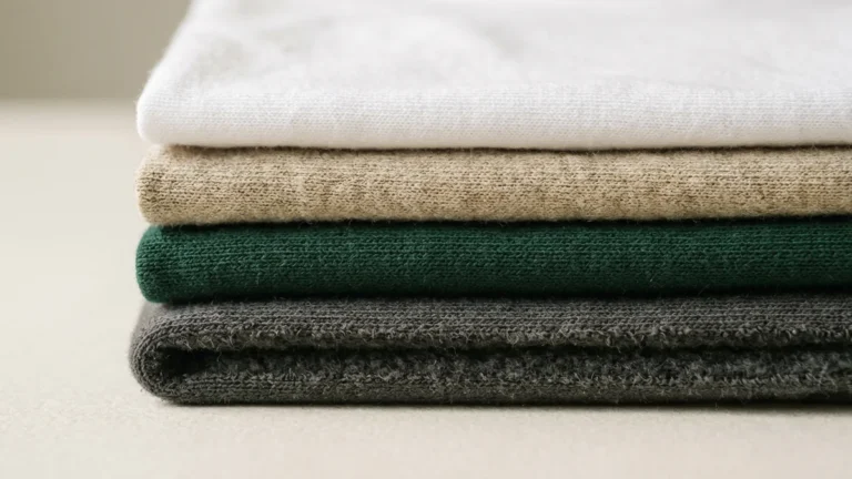 Quatro tecidos de algodão dobrados e empilhados, do mais fino ao mais grosso, em branco, bege, verde escuro e cinzento