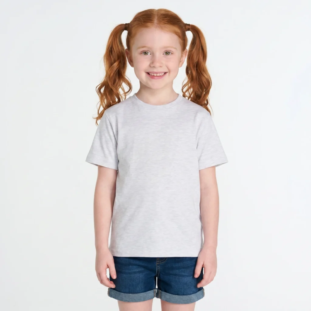 Menina ruiva com caudas, a usar T-shirt de criança cinzento claro e calças de ganga.