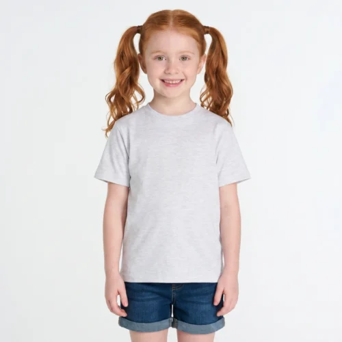 Redheaded girl with pigtails, wearing a light gray kids' t-shirt and jeans.