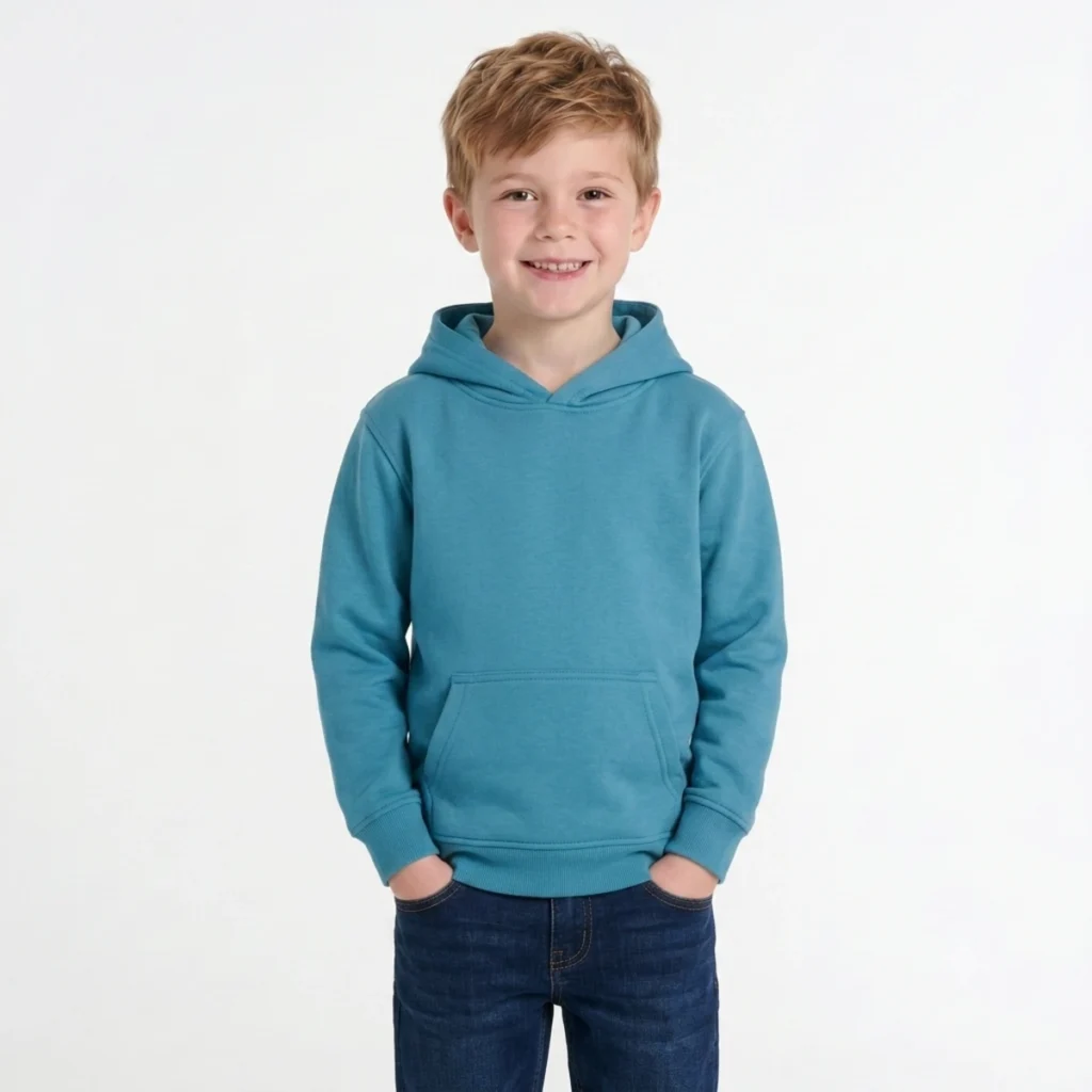 Menino a vestir sweatshirt com capuz e bolso canguru de criança