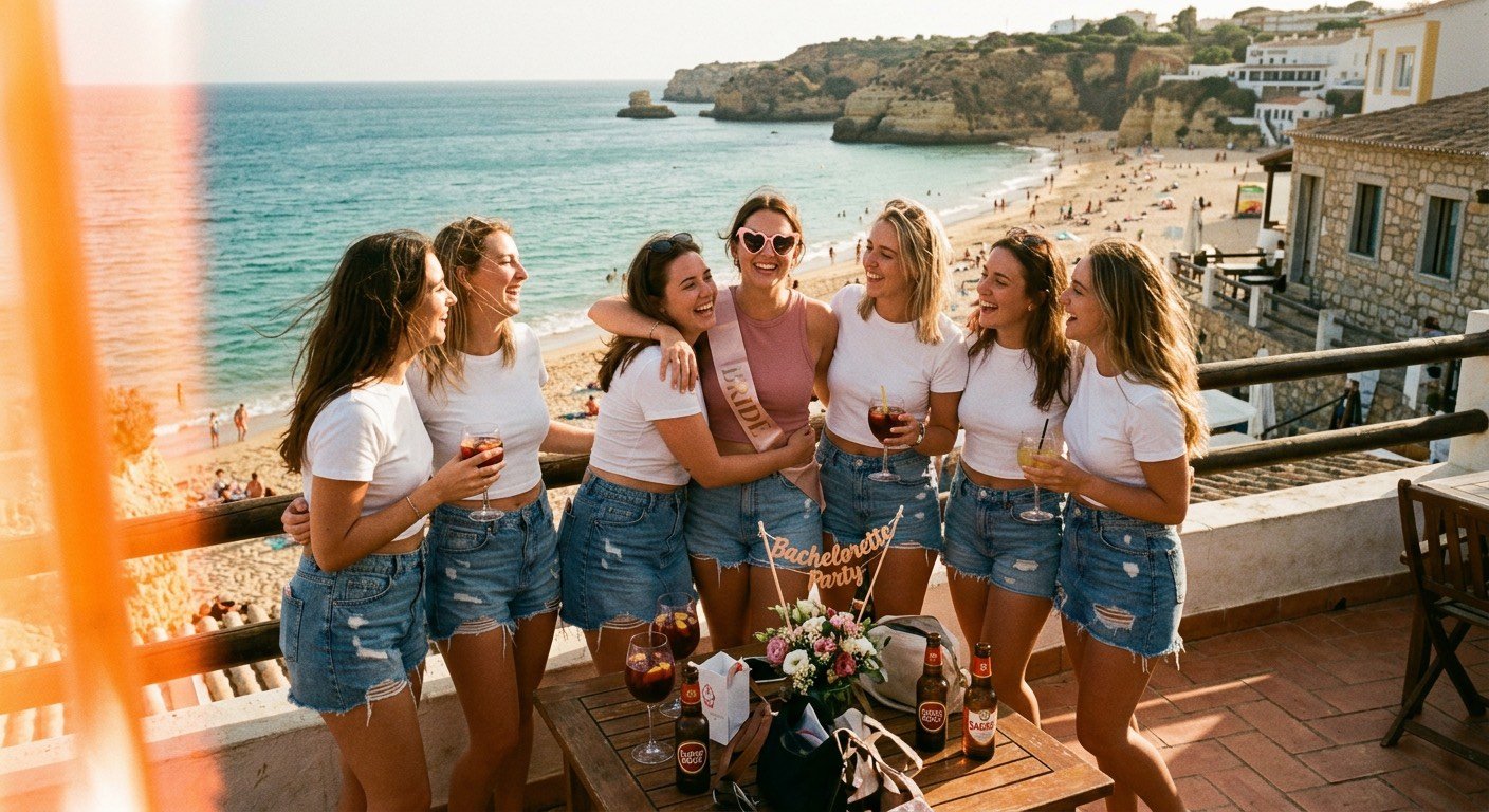 Group of friends at a bachelorette party wearing matching custom t-shirts and tops, on a beachside terrace