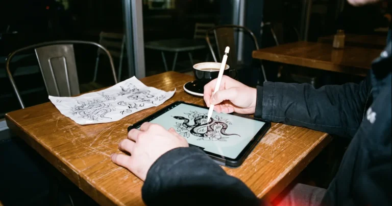 Mãos de um ilustrador a desenhar uma serpente com flores no iPad, com o esboço em papel e um café ao lado, numa mesa de café à noite