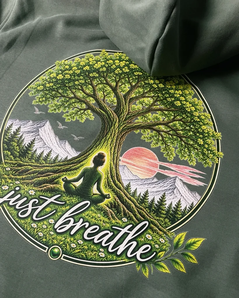 Sweatshirt verde-musgo com estampagem circular de uma árvore da vida, uma mulher sentada em meditação na base do tronco, montanhas nevadas, sol cor de coral e a frase «just breathe» em letra manuscrita
