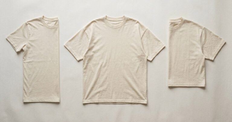 Três t-shirts em algodão cru pousadas lado a lado: um corte regular estreito, um oversize largo e comprido e um boxy largo e curto