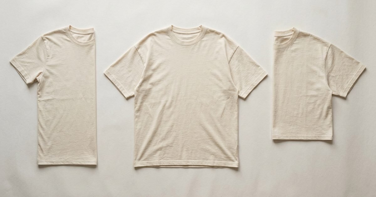 Três t-shirts em algodão cru pousadas lado a lado: um corte regular estreito, um oversize largo e comprido e um boxy largo e curto