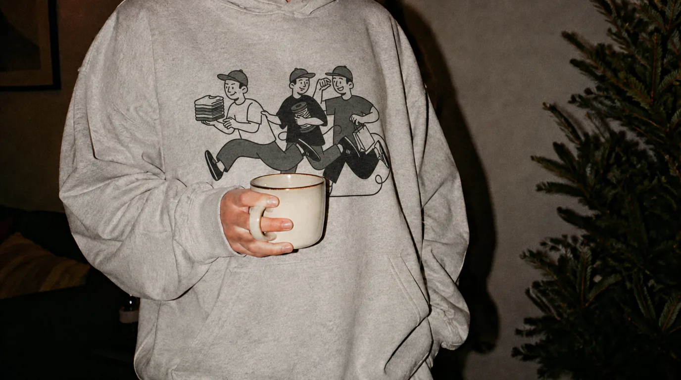 Gray hoodie with custom print and a mug in hand, next to a Christmas tree