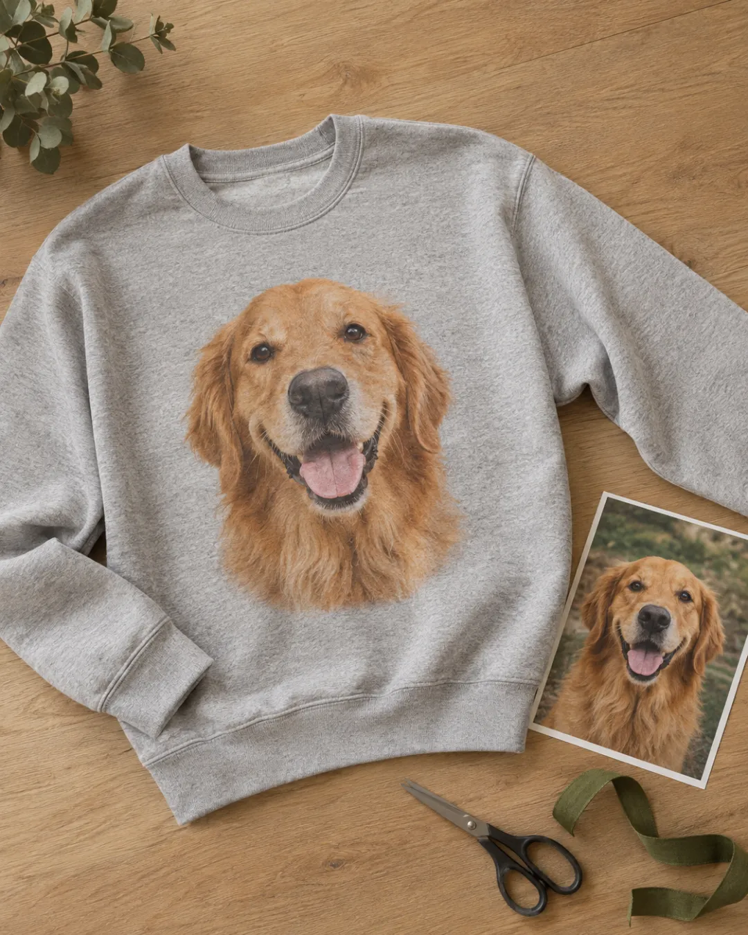 Gray sweatshirt with a photo of a dog printed in DTF