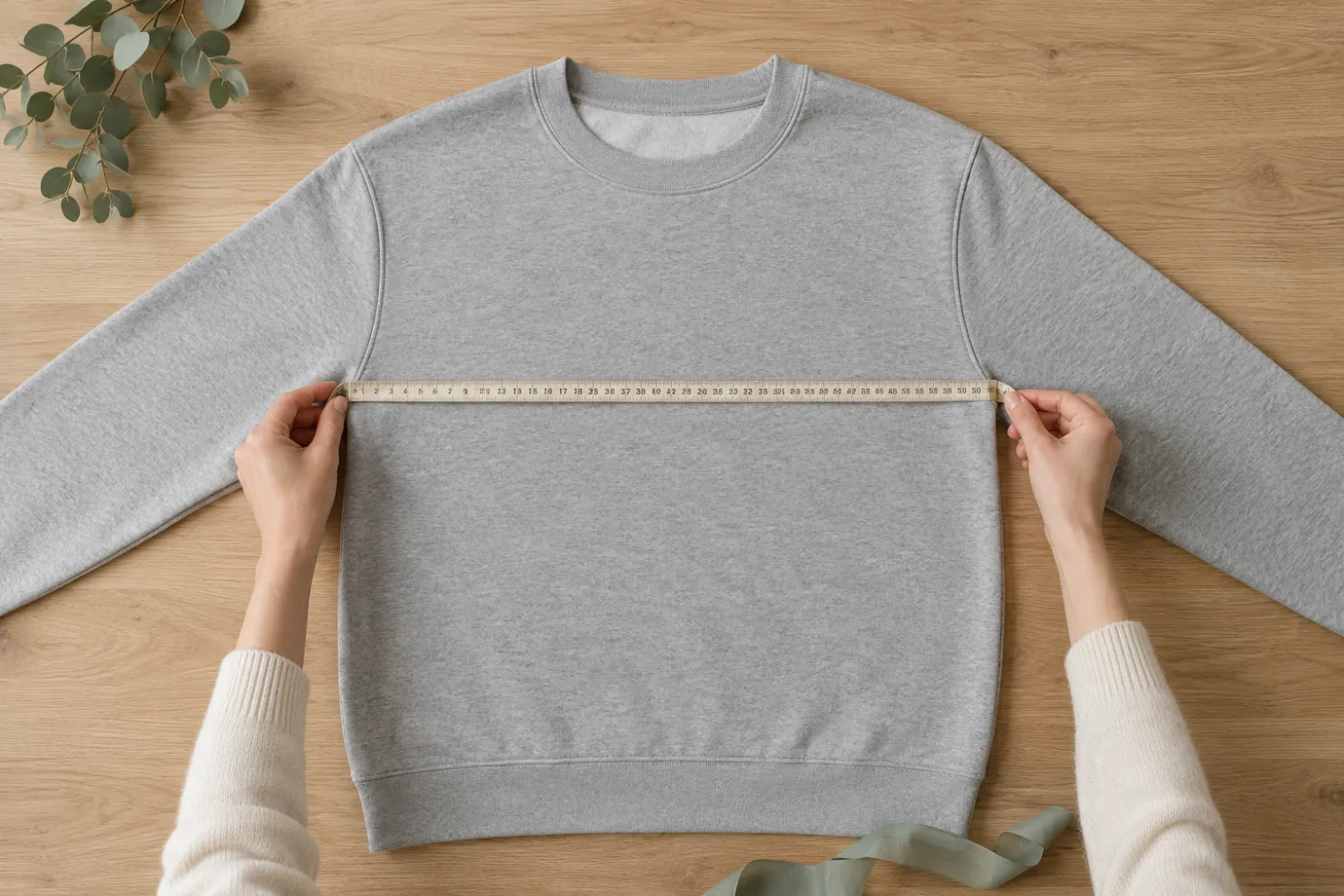 Sweatshirt laid out on a table with a measuring tape from armpit to armpit