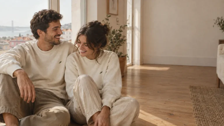 Couple wearing personalized cream sweatshirts, with small green embroidery on the chest