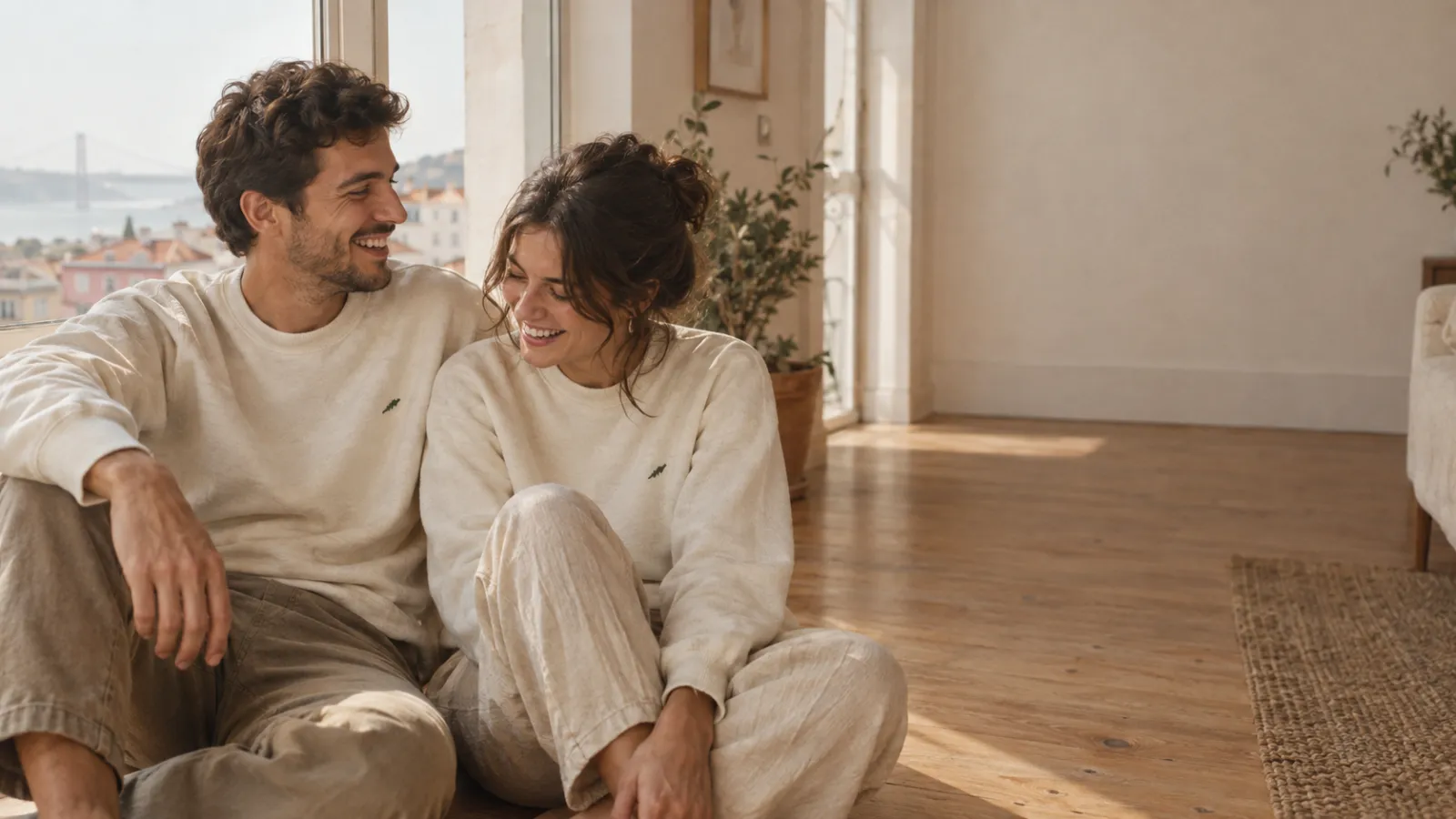 Couple wearing personalized cream sweatshirts, with small green embroidery on the chest