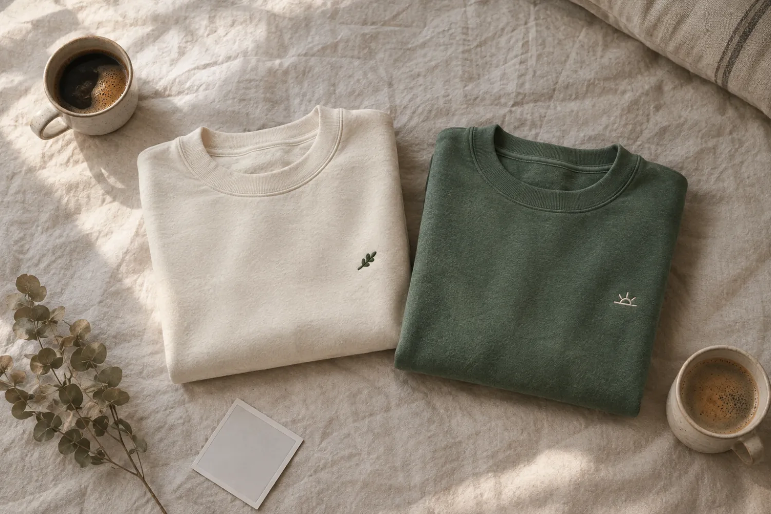 Two folded sweatshirts side by side, cream and moss green, with small embroidered details on the chest