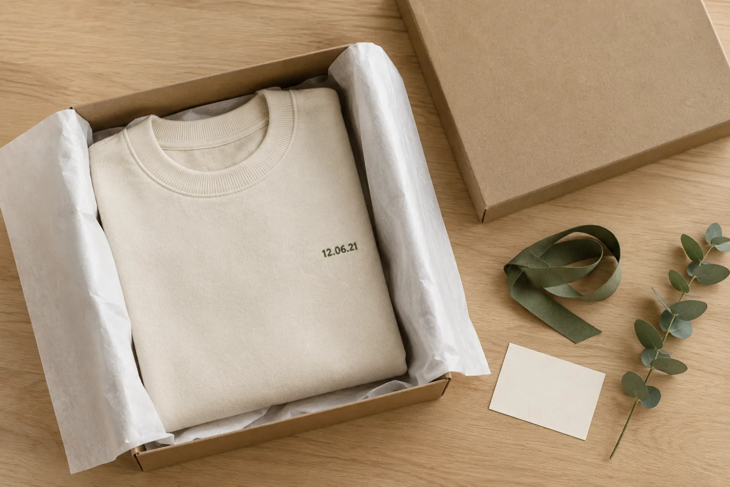 Custom sweatshirt folded in tissue paper inside a gift box